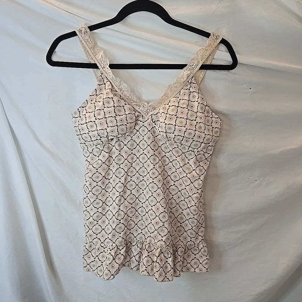 LEI Cream Diamond Pattern Babydoll Cami Tank Top Lace Trim Padded Bra Y2K 90s XL